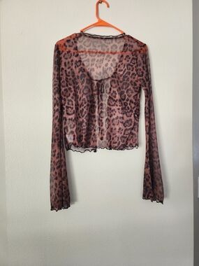 Leopard Print Sheer Long Sleeve Crop Top - Brown